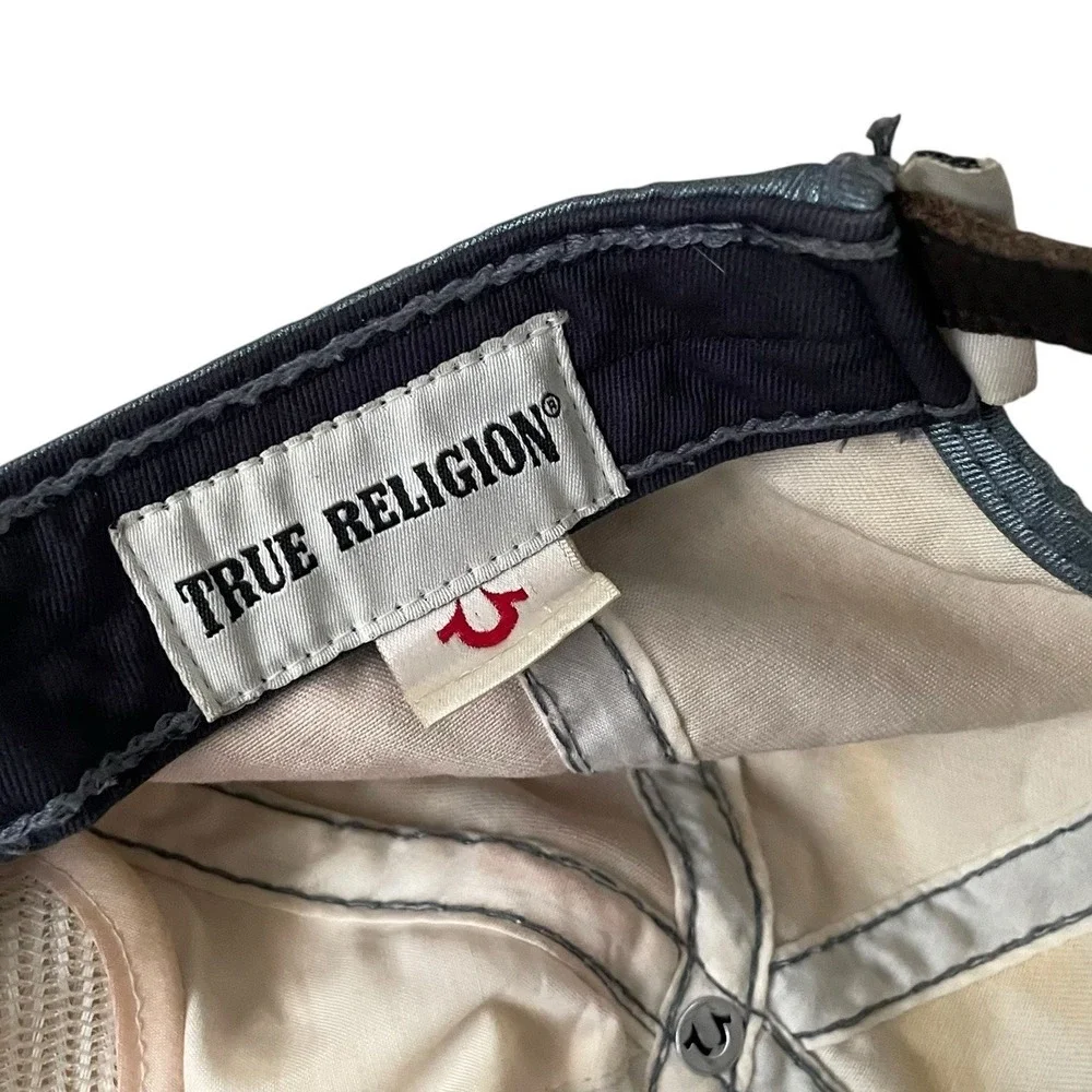 True Religion Men's Adjustable Leather Strapback Distressed Thick Stitch Hat Cap